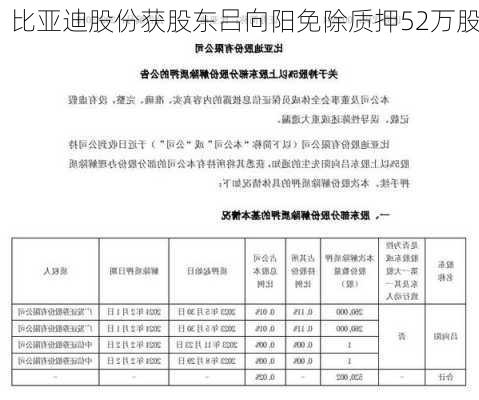 比亚迪股份获股东吕向阳免除质押52万股