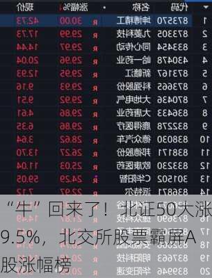 “牛”回来了！北证50大涨9.5%，北交所股票霸屏A股涨幅榜