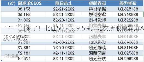 “牛”回来了！北证50大涨9.5%，北交所股票霸屏A股涨幅榜-第2张图片-