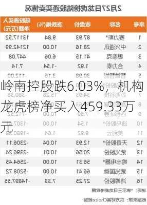 岭南控股跌6.03%，机构龙虎榜净买入459.33万元