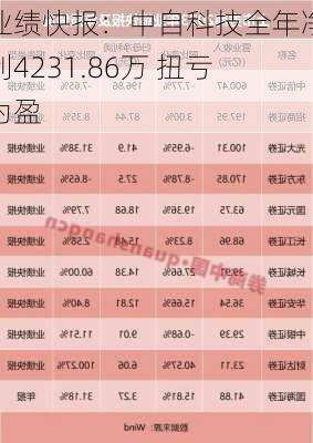 业绩快报：中自科技全年净利4231.86万 扭亏为盈