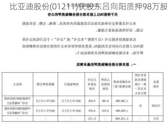 比亚迪股份(01211)获股东吕向阳质押98万股-第1张图片-