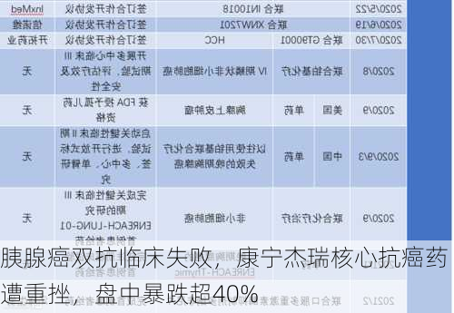 胰腺癌双抗临床失败，康宁杰瑞核心抗癌药遭重挫，盘中暴跌超40%-第3张图片-