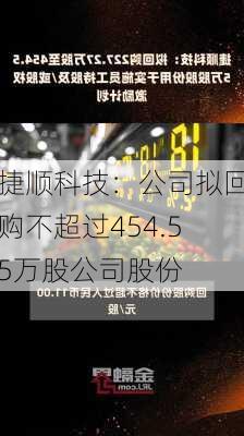 捷顺科技：公司拟回购不超过454.55万股公司股份