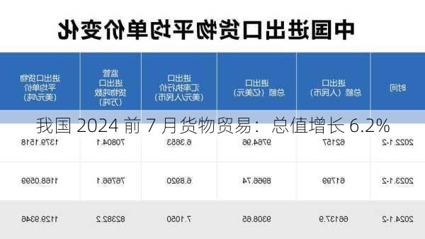 我国 2024 前 7 月货物贸易：总值增长 6.2%