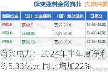 海兴电力：2024年半年度净利润约5.33亿元 同比增加22%