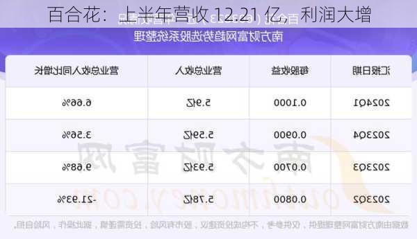 百合花：上半年营收 12.21 亿，利润大增