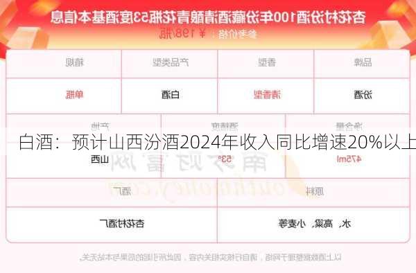 白酒：预计山西汾酒2024年收入同比增速20%以上