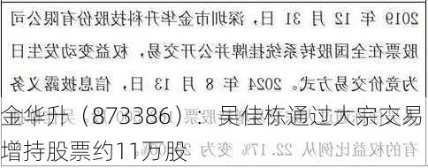 金华升（873386）：吴佳栋通过大宗交易增持股票约11万股