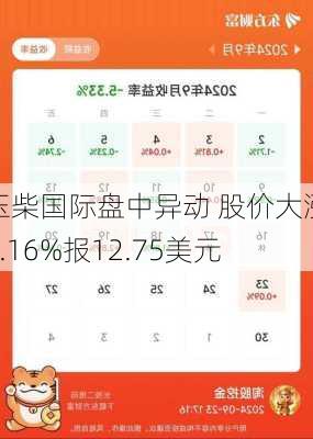 玉柴国际盘中异动 股价大涨6.16%报12.75美元