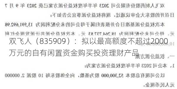 双飞人（835909）：拟以最高额度不超过2000万元的自有闲置资金购买投资理财产品