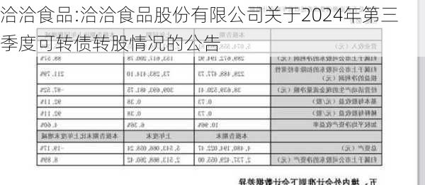 洽洽食品:洽洽食品股份有限公司关于2024年第三季度可转债转股情况的公告