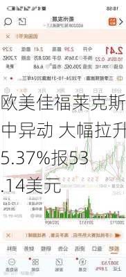 欧美佳福莱克斯盘中异动 大幅拉升5.37%报53.14美元