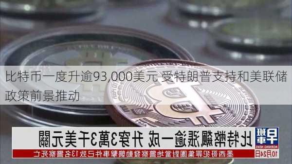 比特币一度升逾93,000美元 受特朗普支持和美联储政策前景推动