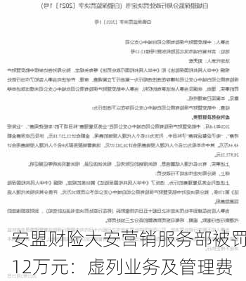 安盟财险大安营销服务部被罚12万元：虚列业务及管理费